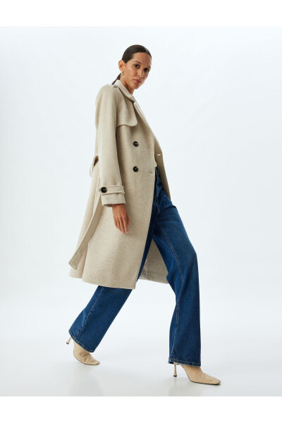 Long, double-breasted, pocket, belt detail relaxed fit cashmere coat. - 6