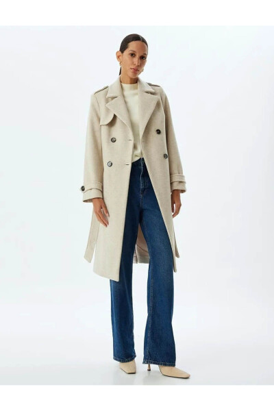 Long, double-breasted, pocket, belt detail relaxed fit cashmere coat. - 1