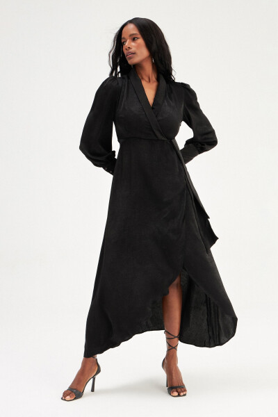 Long Dress with Wrap Detail - Black - 2