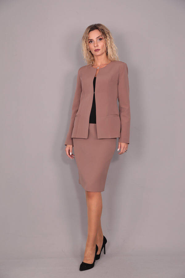 Long Jacket with Oval Collar & Pencil Skirt Suit - Coffee - 1