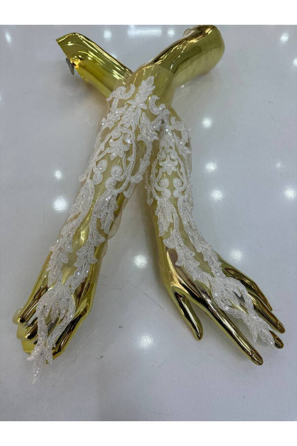 Long Lace Off-White Wedding Gloves Special Design Bridal Gloves - 3