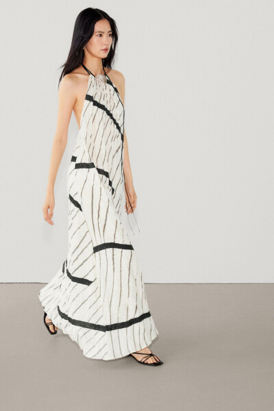 Long Linen Halter Neck Striped Dress - 10