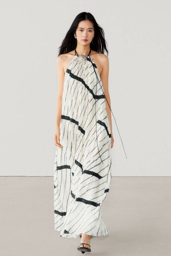 Long Linen Halter Neck Striped Dress - 1