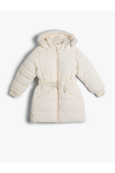 Long puffer jacket with plush hood, belt and pockets. - 1