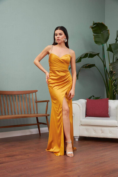 Long Satin Dress with Stone Straps in Saffron - 1