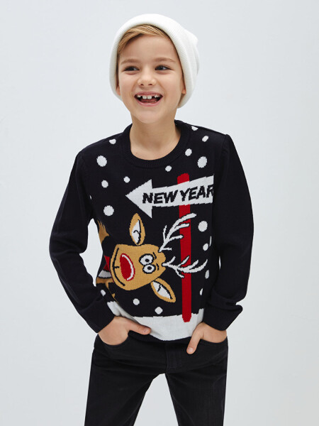 Long Sleeve Christmas Themed Boy's Knit Sweater with a Bicycle Collar - 1