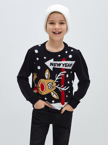 Long Sleeve Christmas Themed Boy's Knit Sweater with a Bicycle Collar - 7