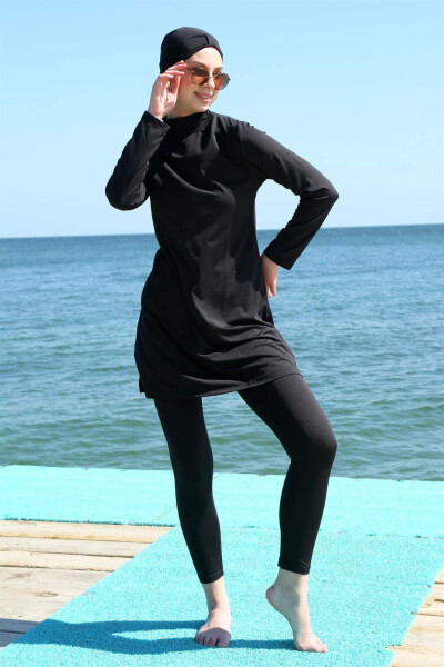 Long Sleeve Lycra Black Modest Swimsuit 31055 - 1