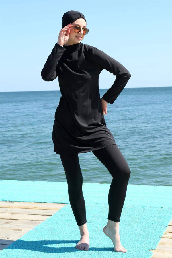 Long Sleeve Lycra Black Modest Swimsuit 31055 - 1