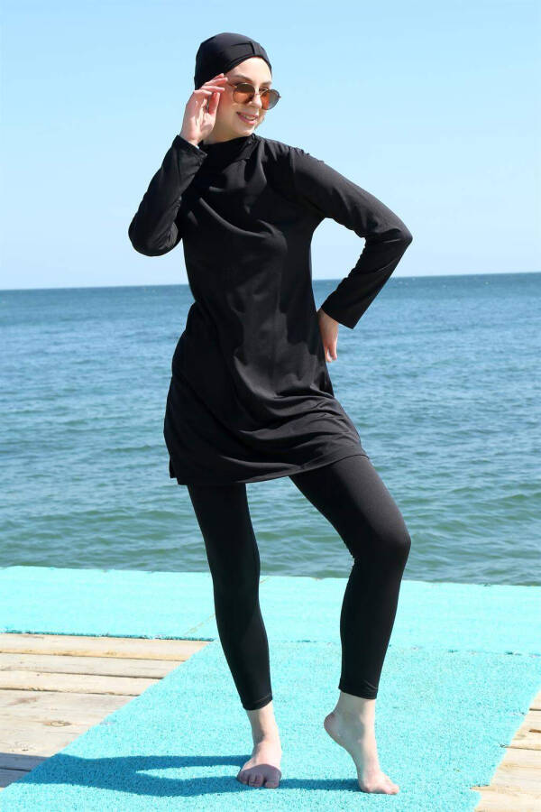 Long Sleeve Lycra Black Modest Swimsuit 31055 - 5