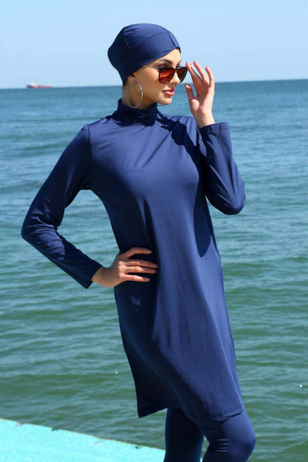 Long Sleeve Lycra Navy Modest Swimsuit 31055 - 1