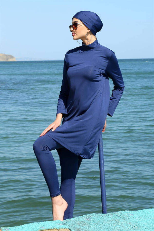 Long Sleeve Lycra Navy Modest Swimsuit 31055 - 4