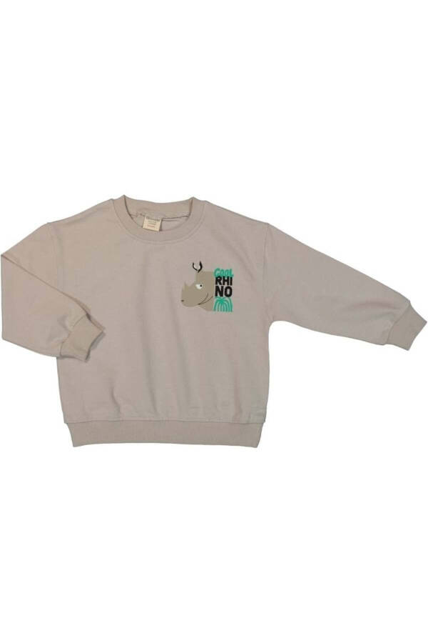 Long Sleeve Sweatshirt with Rhinoceros Print on the Back, Crew Neck - 1