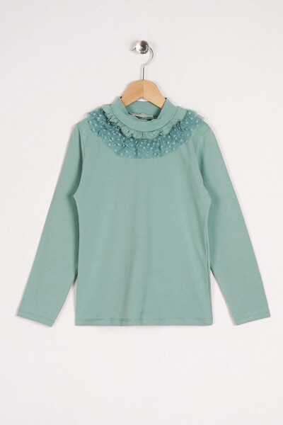 Long-Sleeved Blouse with Lace Collar, Green, for Girls - 1