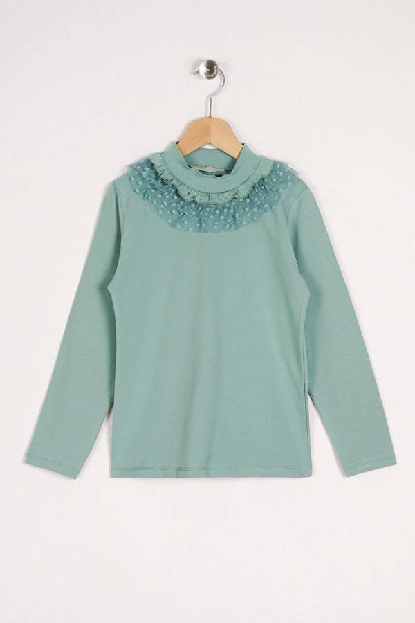 Long-Sleeved Blouse with Lace Collar, Green, for Girls - 1