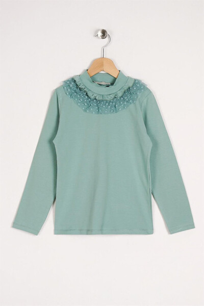 Long-Sleeved Blouse with Lace Collar, Green, for Girls - 4