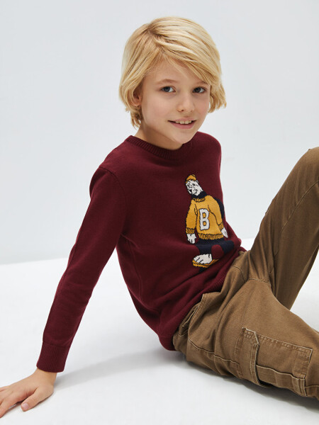 Long-sleeved Boys' Knit Sweater with Bike Pattern Crew Neck - 7