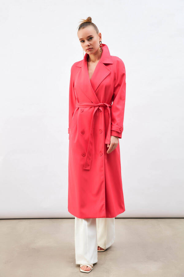 Long Trench Coat with Belt - Fuchsia - 1