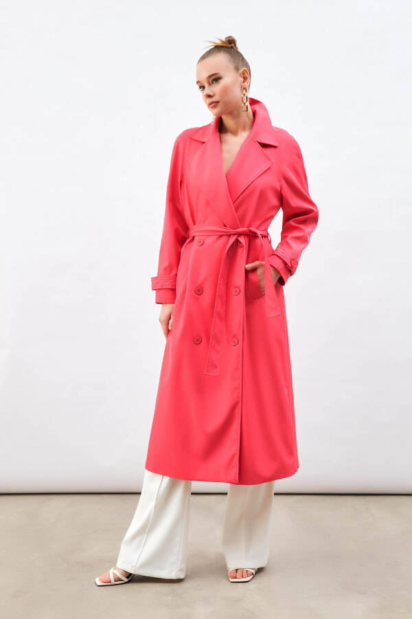 Long Trench Coat with Belt - Fuchsia - 2