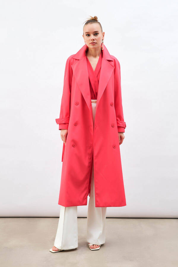 Long Trench Coat with Belt - Fuchsia - 3