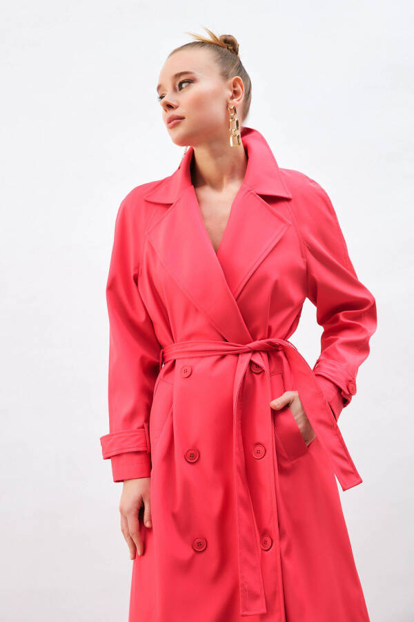 Long Trench Coat with Belt - Fuchsia - 4