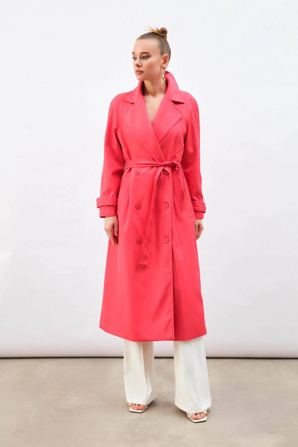 Long Trench Coat with Belt - Fuchsia - 5