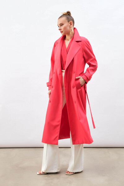 Long Trench Coat with Belt - Fuchsia - 6