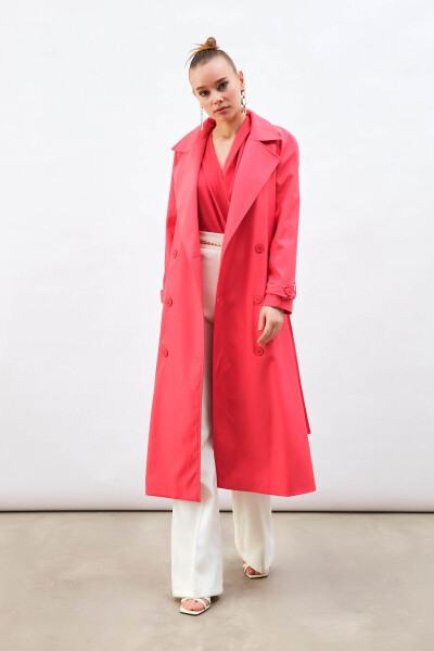 Long Trench Coat with Belt - Fuchsia - 7