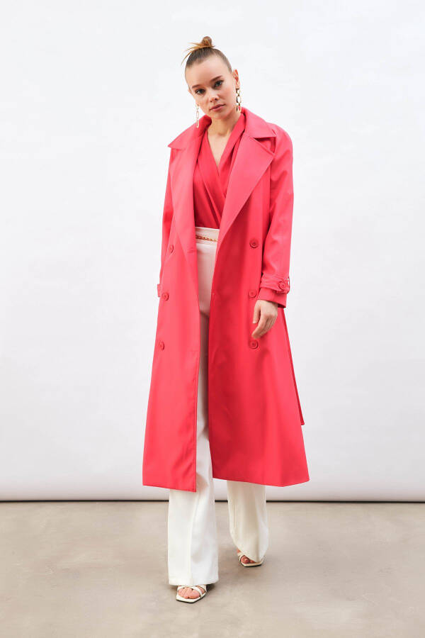 Long Trench Coat with Belt - Fuchsia - 7