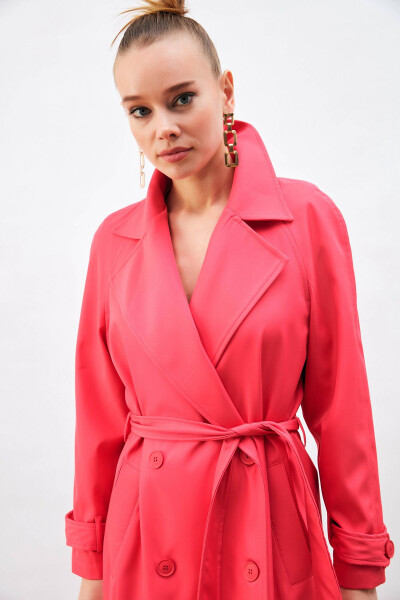 Long Trench Coat with Belt - Fuchsia - 8