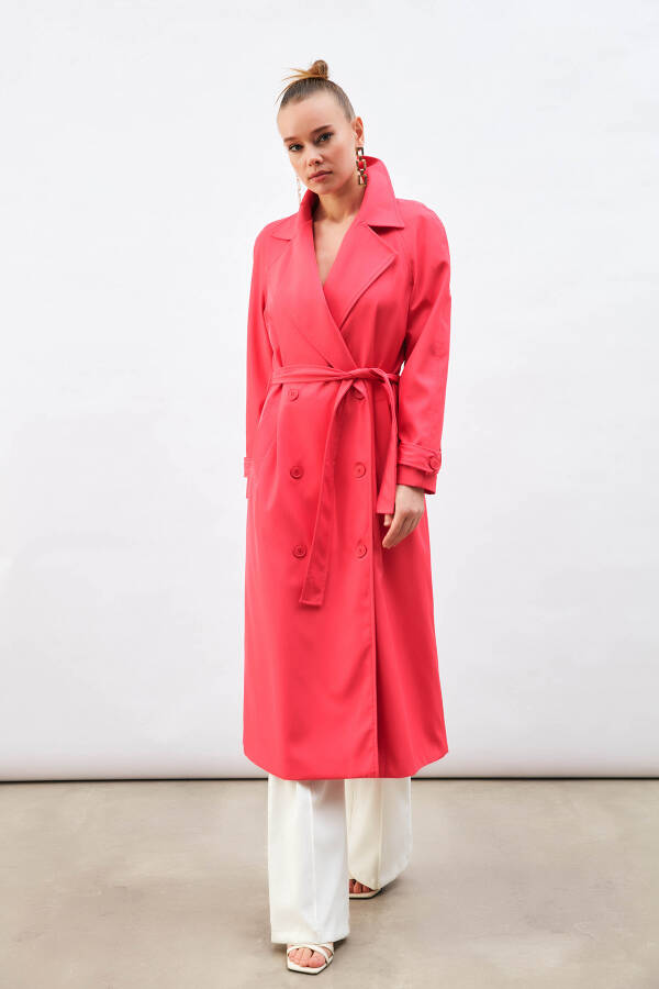 Long Trench Coat with Belt - Fuchsia - 9