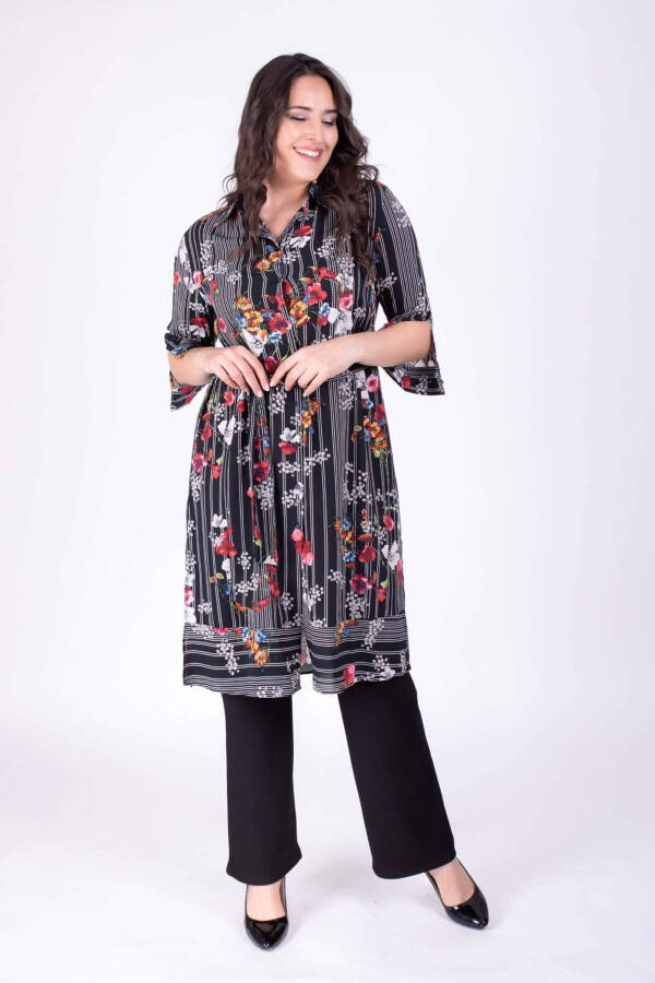 Long Tunic with Belt Detail and Pattern - 1