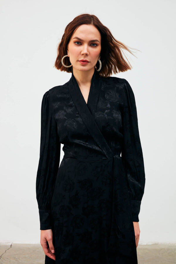 Long Wrap Dress with Pattern - Black - 5