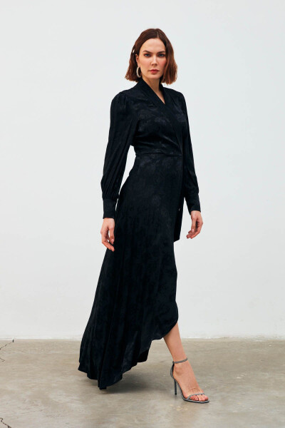 Long Wrap Dress with Pattern - Black - 7