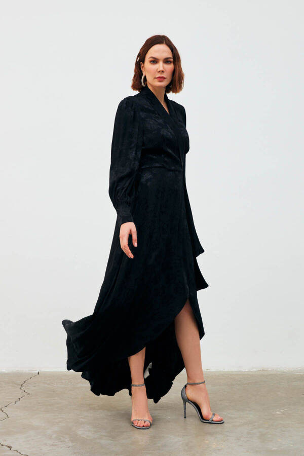 Long Wrap Dress with Pattern - Black - 8