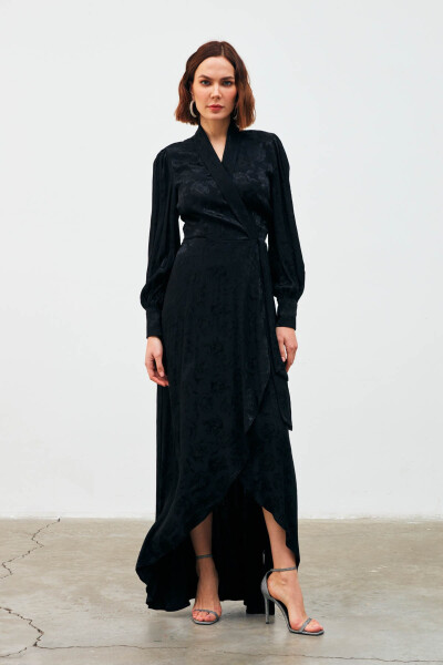 Long Wrap Dress with Pattern - Black - 10