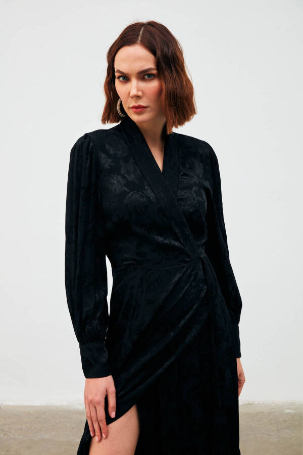 Long Wrap Dress with Pattern - Black - 14