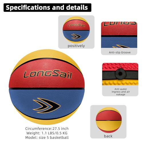 Longsail Red/Yellow/Blue Size 5 Basketball and Anti-Fog Swimming Goggles - 4