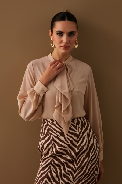 Loose Blouse with Scarf Detail - Beige - 4