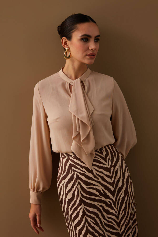 Loose Blouse with Scarf Detail - Beige - 5