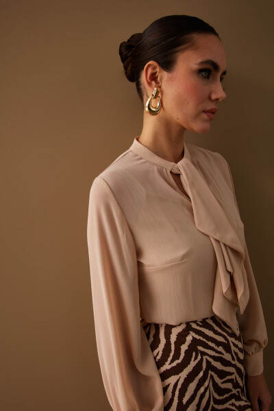 Loose Blouse with Scarf Detail - Beige - 6