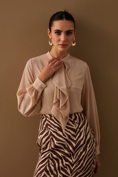 Loose Blouse with Scarf Detail - Beige - 11