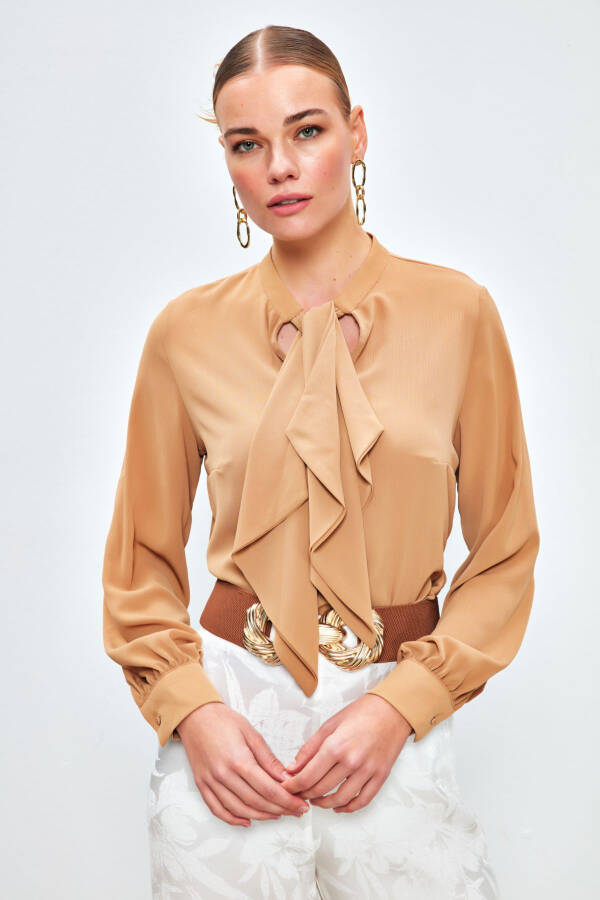 Loose Blouse with Scarf Detail - CAMEL - 1