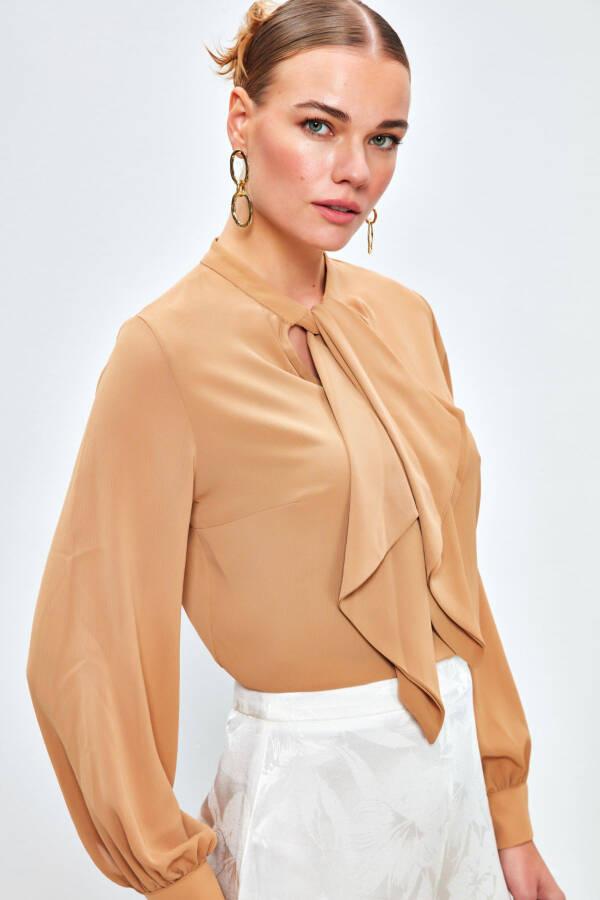 Loose Blouse with Scarf Detail - CAMEL - 2