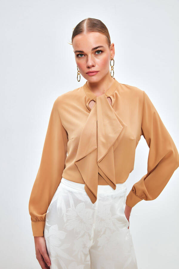 Loose Blouse with Scarf Detail - CAMEL - 3