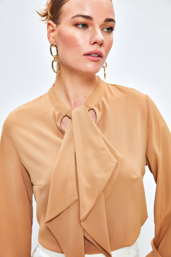 Loose Blouse with Scarf Detail - CAMEL - 4