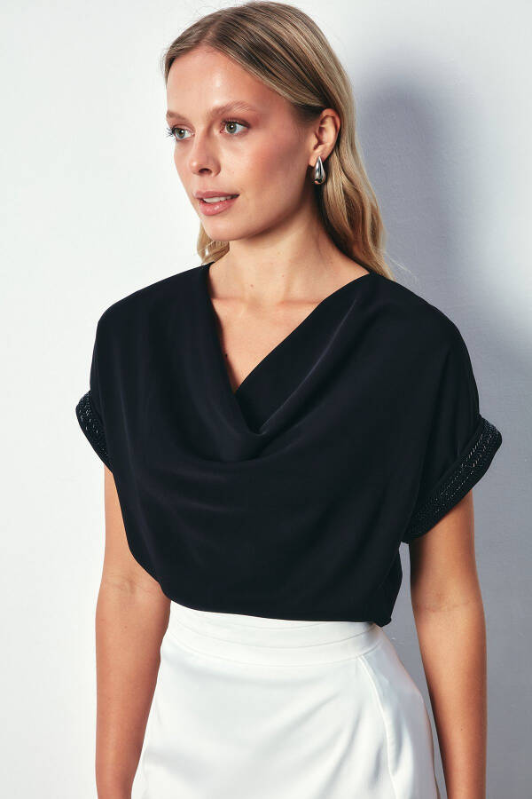 Loose Blouse with Stone Details on Sleeves - BLACK - 3