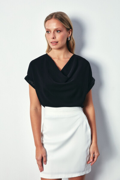 Loose Blouse with Stone Details on Sleeves - BLACK - 4