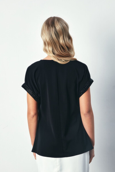 Loose Blouse with Stone Details on Sleeves - BLACK - 6