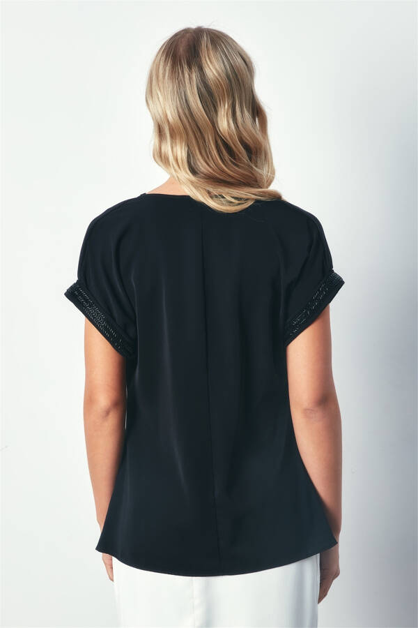 Loose Blouse with Stone Details on Sleeves - BLACK - 12